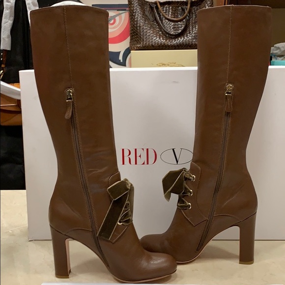 RED Valentino Shoes - HOST PIC VALENTINO RED BROWN NAPPA LEATHER BOOTS WITH VELVET BOW DETAIL SIZE 8